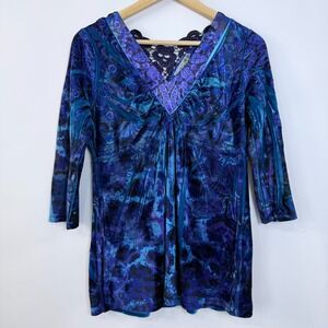 Unity World Wear Velour Tunic Top Size PM Purple Blue Abstract Floral Lace Back